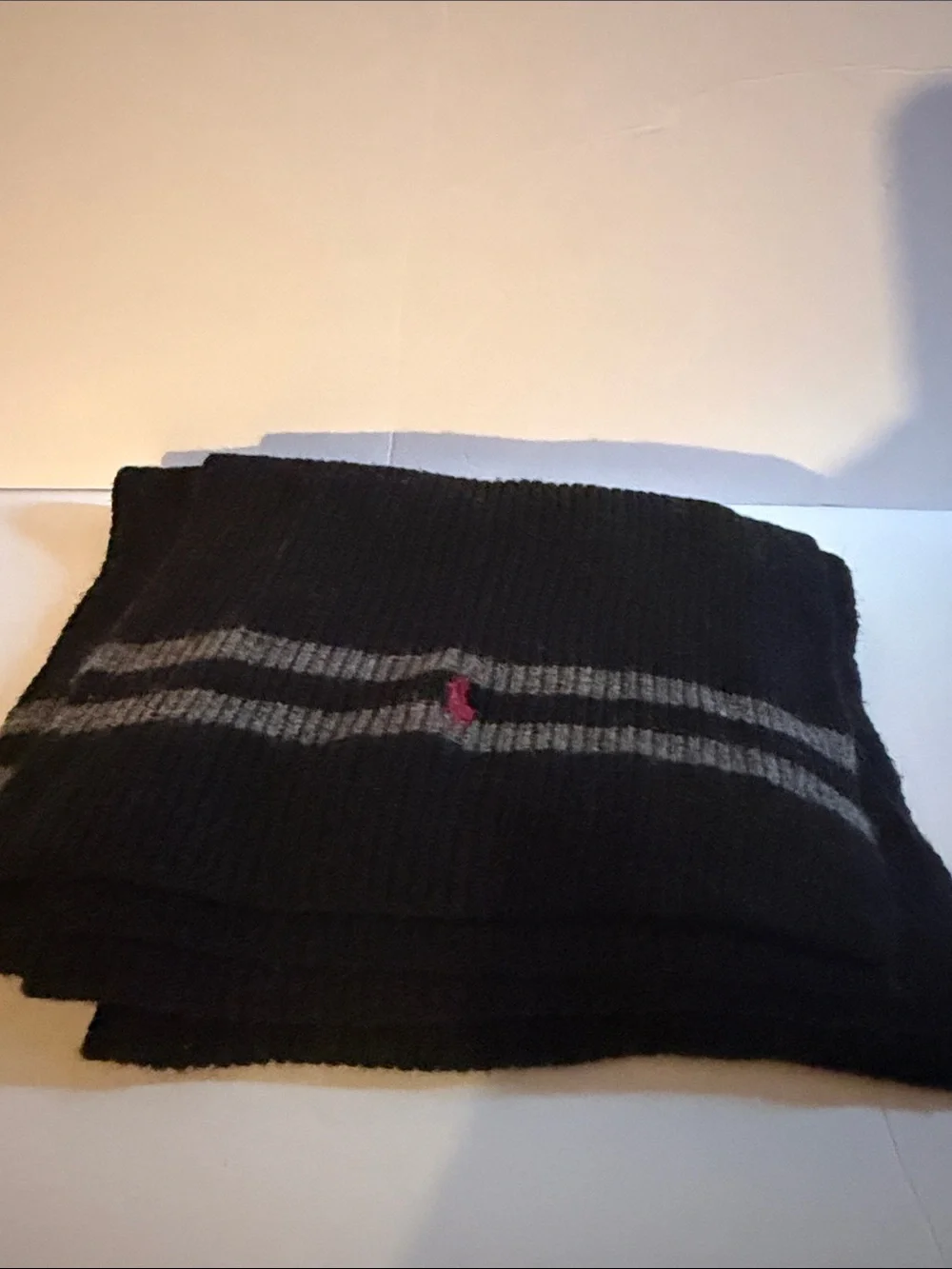 Polo Ralph Lauren Lambswool Blend Scarf Black Gray Stripe Red Pony 70